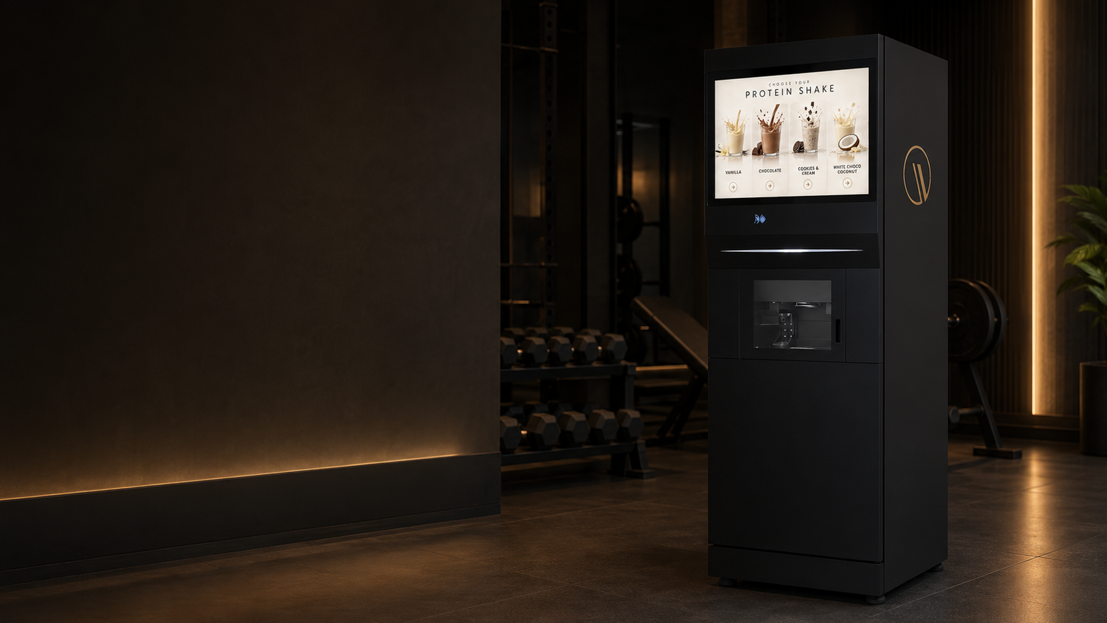 Osmavit uređaj za automatiziranu pripremu proteinskih napitaka u modernom fitness objektu
